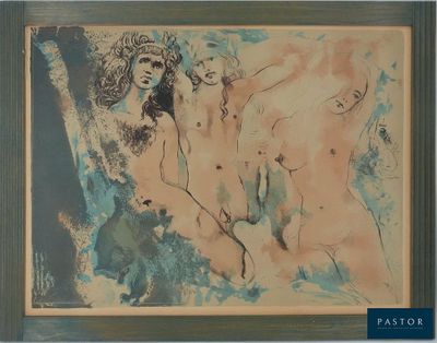 an image of a painting of two nudes on a blue background