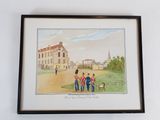 painting of a group of people standing in front of a building