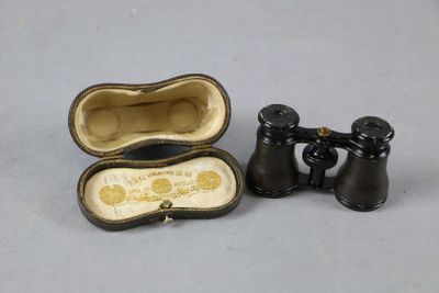 une paire de jumelles miniatures et une boîte ornée d'une illustration