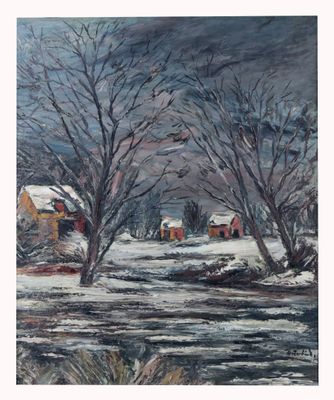 une peinture à l'huile représentant un paysage enneigé avec une maison et des arbres au premier plan