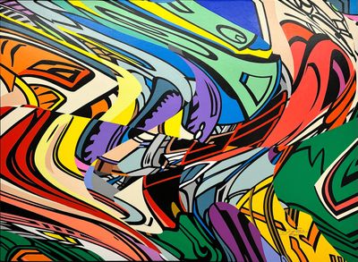abstract painting of a man riding a skateboard down a street