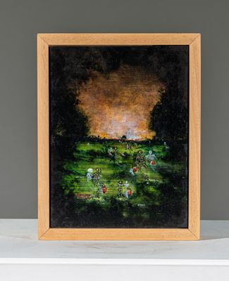 une peinture à l'huile représentant un champ où des personnes se promènent