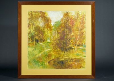 peinture représentant un paysage avec des arbres et un ruisseau au premier plan