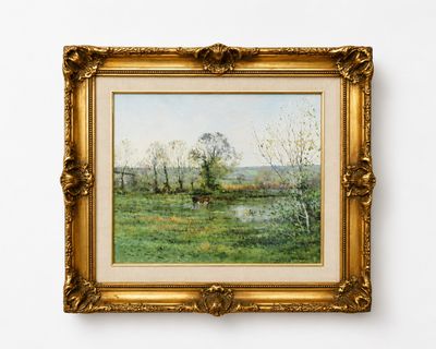 l'image d'une peinture d'un champ avec des arbres en arrière-plan