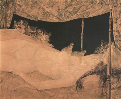 un dessin représentant une femme allongée dans un lit avec un chien