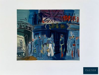 a painting of a group of people standing outside of a building