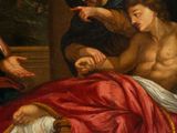 a painting of a man sitting on a bed next to a woman