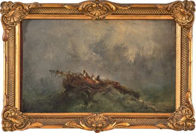 une image représentant un tableau où l'on voit un homme à cheval dans l'eau