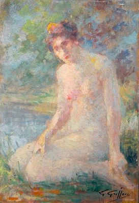 un tableau représentant une femme nue assise par terre au bord d'un plan d'eau