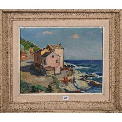 une peinture à l'huile représentant une maison située sur une falaise surplombant l'océan