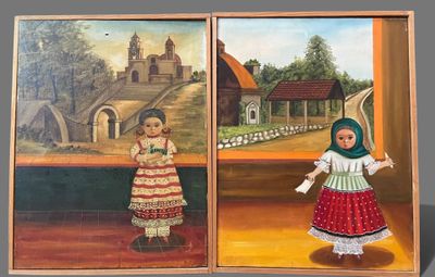 two paintings of a woman in a red dress and a girl in a white dress