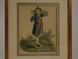an old picture of a man in a blue coat and hat holding a bag