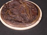 a brown plate with a horse on it on a black surface