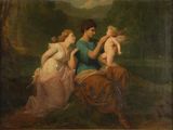 painting of a man and two women with a baby in a landscape
