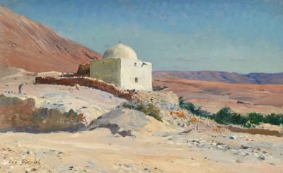 tableau représentant un bâtiment blanc dans un paysage désertique, avec une montagne en arrière-plan