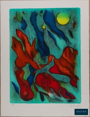 un tableau représentant un groupe de poissons nageant sous la pleine lune