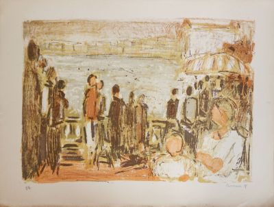 drawing of a group of people standing on a pier next to a body of water