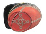 a red and black bag with a celtic design on it