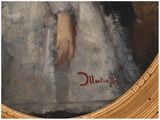 an oil painting of a woman in a white dress holding a red umbrella