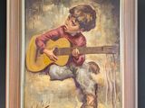 an oil painting of a young boy playing a guitar in a room