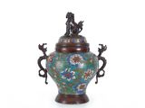 Vase chinois à cloisonné avec couvercle, orné de personnages et de fleurs