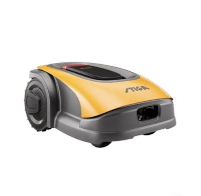 a close up of a robotic lawn mower on a white background