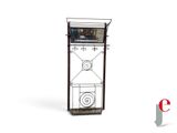 a tall metal rack with a clock on it