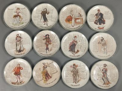 six plates with different images of people on them sitting on a table