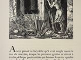 an old book with a picture of a man and a woman standing in front of a window