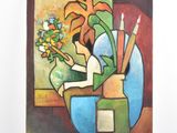 un tableau représentant une femme assise dans un vase rempli de fleurs