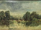 une peinture à l'huile représentant un lac avec des arbres et une maison au loin