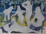 une peinture représentant un homme et une femme assis sur un banc