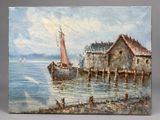 une peinture à l'huile représentant un bateau sur un plan d'eau près d'un bâtiment