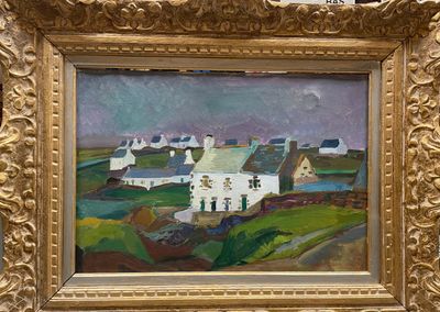 une image représentant un tableau d'une maison blanche dans un cadre doré