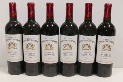 six bouteilles de vin rouge sont alignées sur une surface blanche