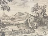 drawing of a view of a town with a castle and a river