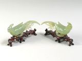 pair of chinese carved jade bird figurines on stand