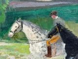 a painting of a woman riding a horse on the street