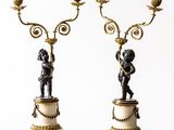 pair of antique bronze and marble candelabs with figures on marble bases