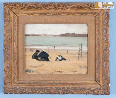 tableau représentant une scène de plage avec des personnes sur le sable et un chien allongé sur la plage