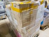 boxes stacked on pallets in a warehouse filled with supplies