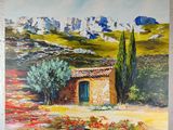 a painting of a small house in the middle of a field