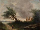 un vieux tableau représentant un homme marchant sur un chemin de terre