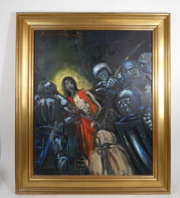 un tableau sur le mur d'une pièce avec une peinture d'un homme sur un cheval