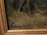 an oil painting of a man with a dog in a wooded setting