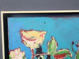 a picture of a painting of flowers in a black frame