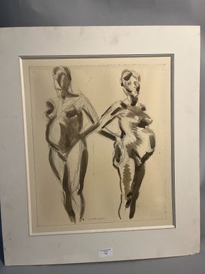 dessin représentant deux femmes en maillot de bain, encadré et accroché au mur