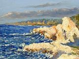 painting of a painting of a rocky coast with waves crashing against the rocks