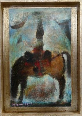 an oil painting of a man riding a horse on a blue background