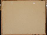 painting on easel in front of a black background with a wooden frame